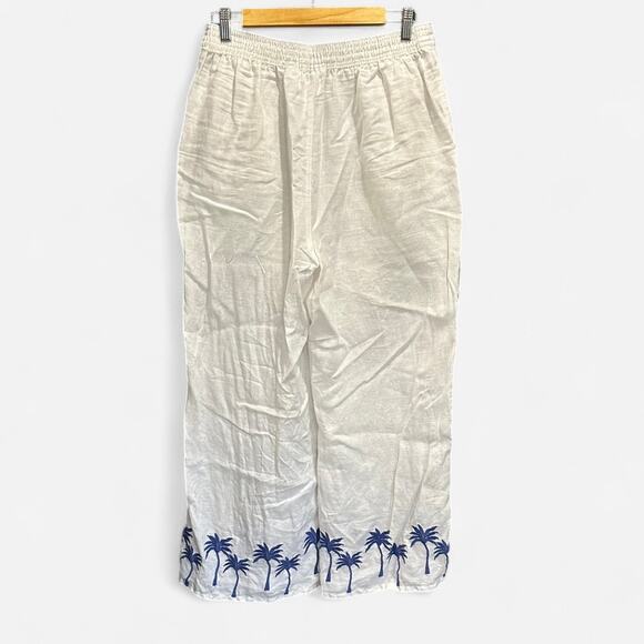 Calypso St. Barth White Linen Pants Blue Palm Tree Print Coastal Resort Wear - Picture 3 of 9